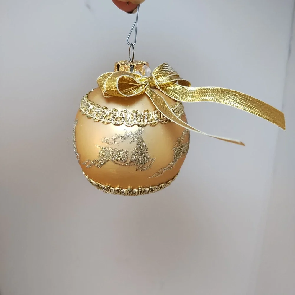 VTG December Home 4ct Glass Christmas Ornaments Red Blue Gold Snowflake Reindeen